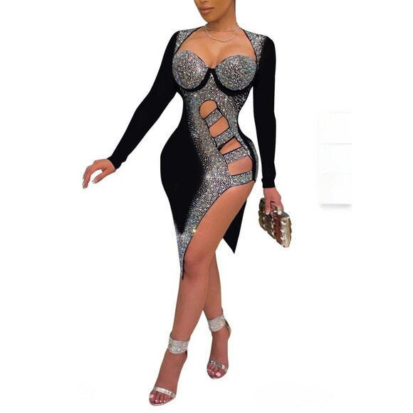 Deja Vu Dress Size M Long Sleeve Sheer Cutout Formal Dress Black High Slit Gems - Picture 4 of 13